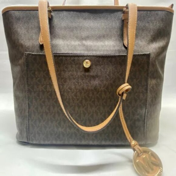 Michael Kors Jet Set Signature Leather PVC Large Snap Pocket Tote Brown on Brown - Picture 16 of 16